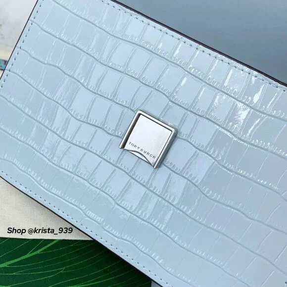 TORY BURCH ELEANOR SMALL Convertible Bag croc-embossed Blue Mist Leather - Picture 9 of 10